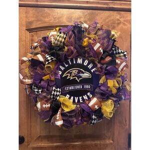 Handmade Baltimore Ravens NFL Football Wreath Door Decor Purple Gold Mesh 24”